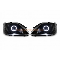 Фары тюнинг Dacia/Renault Logan 2006-2009 черные с BiLed линзами и ангельскими глазками